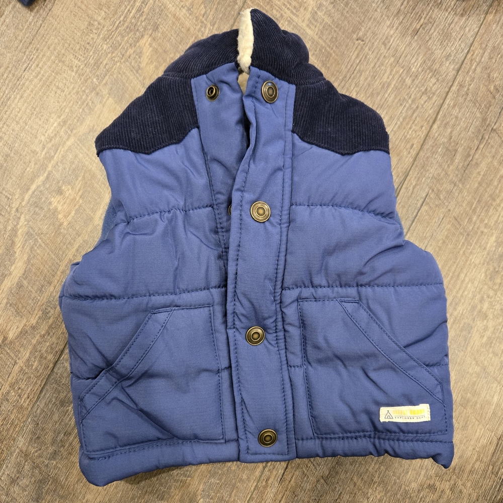 Blue Puffer Vest with Corduroy Accents